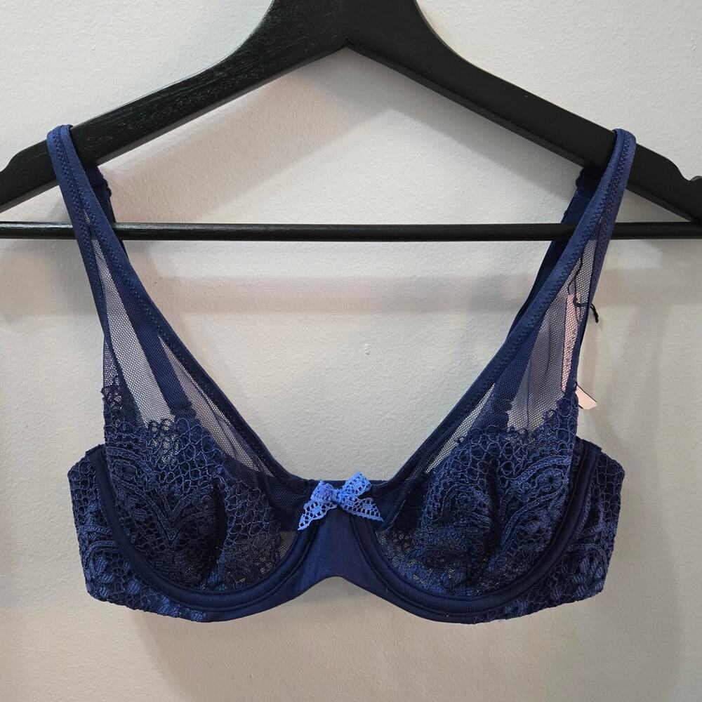 Victoria's Secret Body by Victoria Lace Unlined Demi Bra Navy Blue Sz 32C New